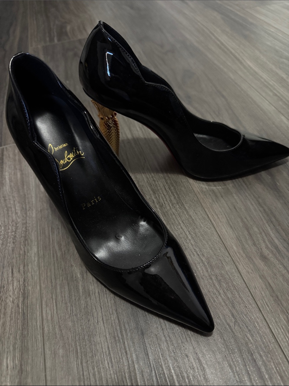 Christian Louboutin Black Patent Pointed Pumps with Gold Sculpted Heel